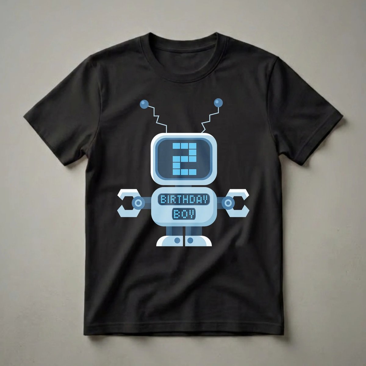 Light blue robot graphic t-shirt for a 2nd birthday boy, featuring a pixelated '2' and 'BIRTHDAY BOY' on its chest.