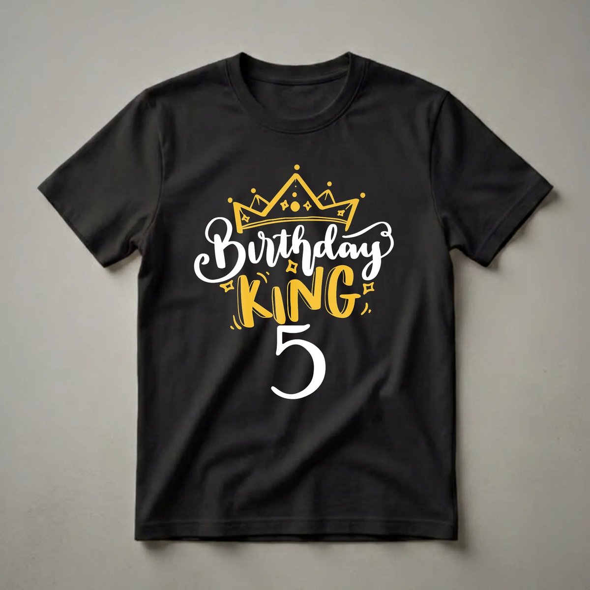 Black t-shirt with a graphic design that reads 'Birthday KING 5' with a golden crown above.