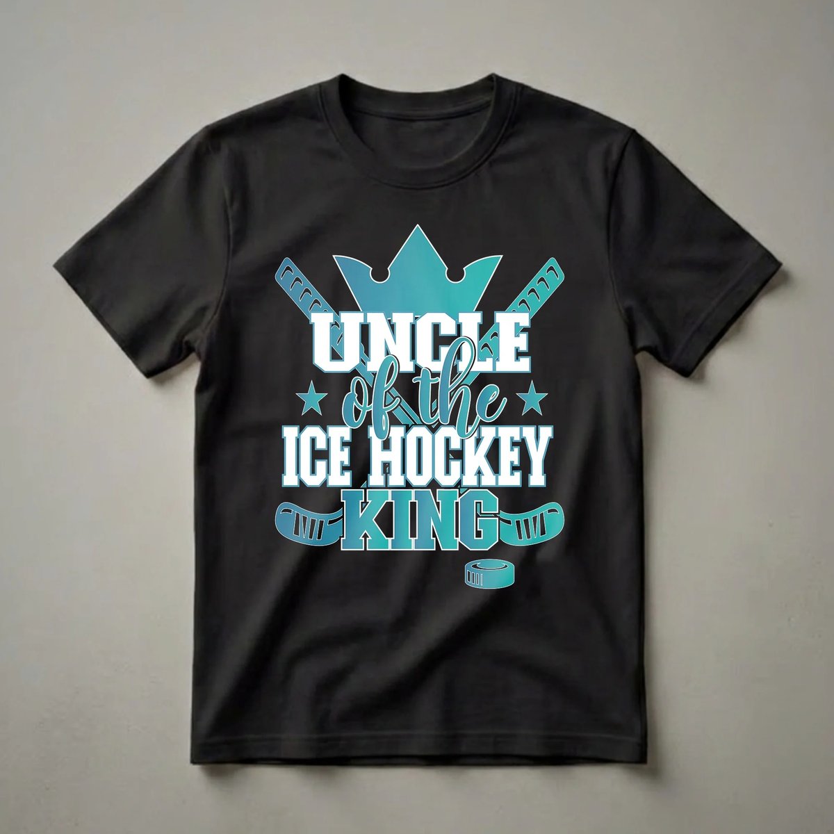Black t-shirt with the text 'Uncle of the Ice Hockey King' in white and teal gradient, featuring hockey sticks, a crown, and a puck graphic.