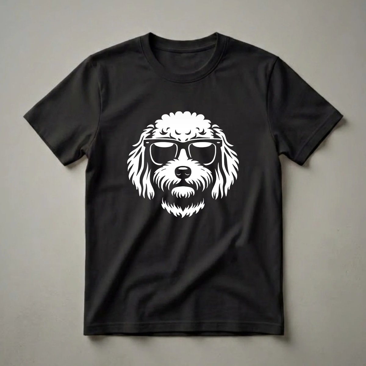 White graphic of a Cavapoo dog wearing black sunglasses, set against a black background. The dog has stylized fur and a beard.