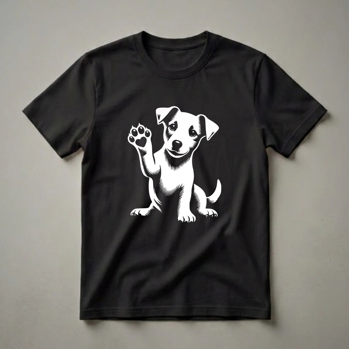 White graphic of a Jack Russell Terrier dog sitting and waving its paw, which features a heart shape in the paw pad, on a black t-shirt.