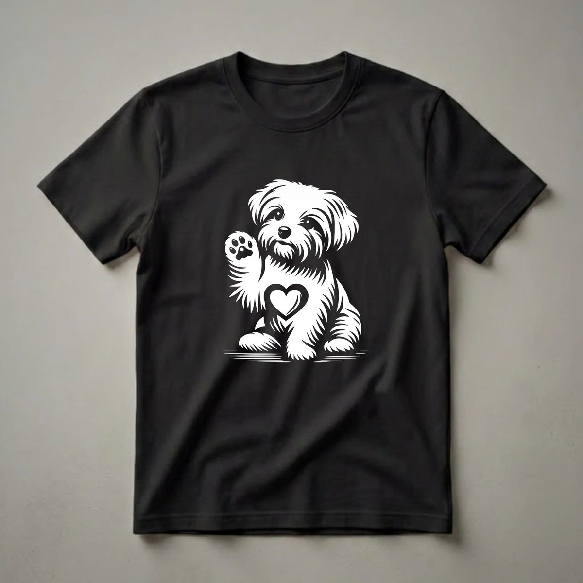 White graphic of a Maltese dog sitting and waving with a paw, a heart design on its chest, on a black background.