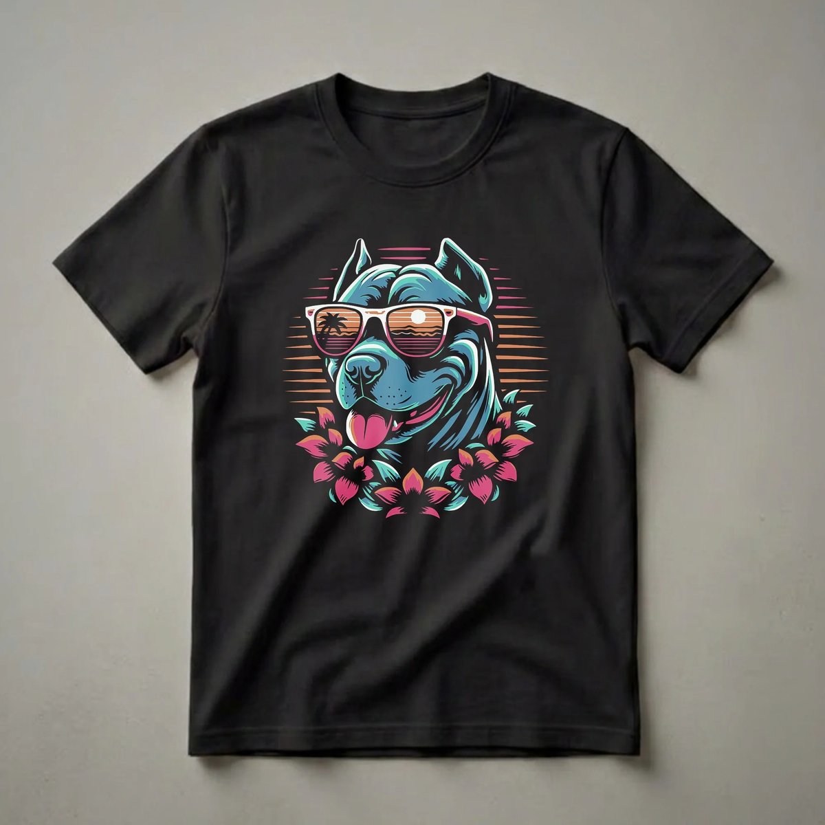 Black t-shirt featuring a colorful graphic of a blue American Pitbull Terrier wearing white sunglasses reflecting a sunset, surrounded by pink and teal flowers.