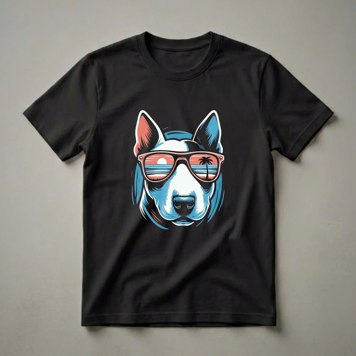 Black t-shirt featuring a stylized Bull Terrier dog wearing sunglasses that reflect a beach sunset with a palm tree.