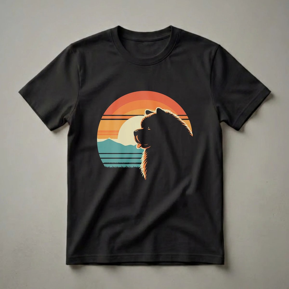 Black silhouette of a Chow Chow dog with its tongue out, set against a retro sunset with orange, yellow, and teal stripes, mountains, and grass.