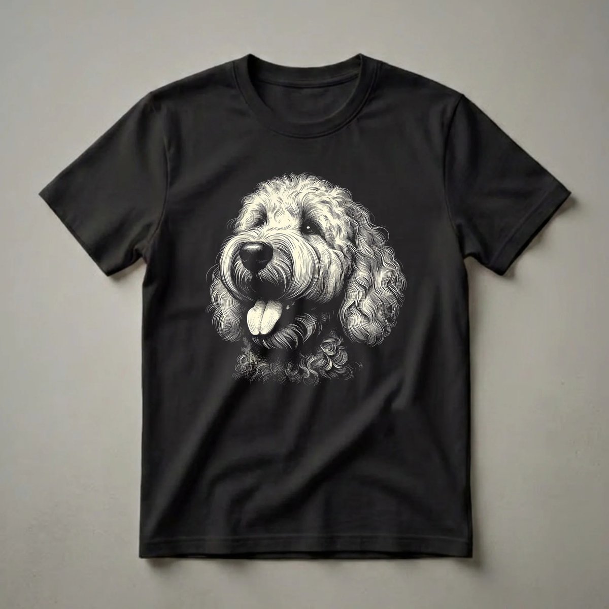 A black t-shirt featuring a cream-colored scratchboard illustration of a Labradoodle face with its tongue sticking out.