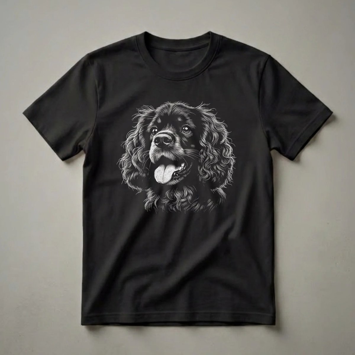 Black and white scratchboard art t-shirt featuring the face of a Boykin Spaniel with its tongue out, set against a black background.