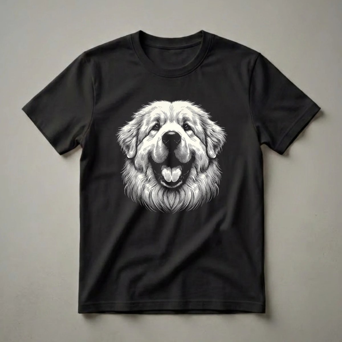 Black and white line art illustration of a smiling Great Pyrenees dog face with its tongue out, set against a black background.