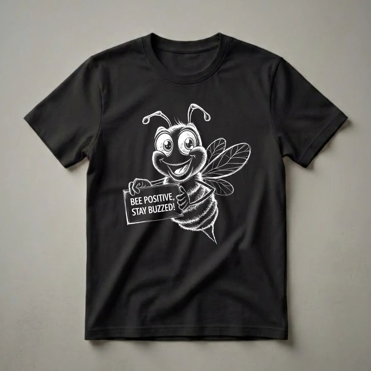 Black and white graphic t-shirt featuring a cartoon bee holding a sign that says 'Bee Positive, Stay Buzzed!' with a thumbs-up gesture.