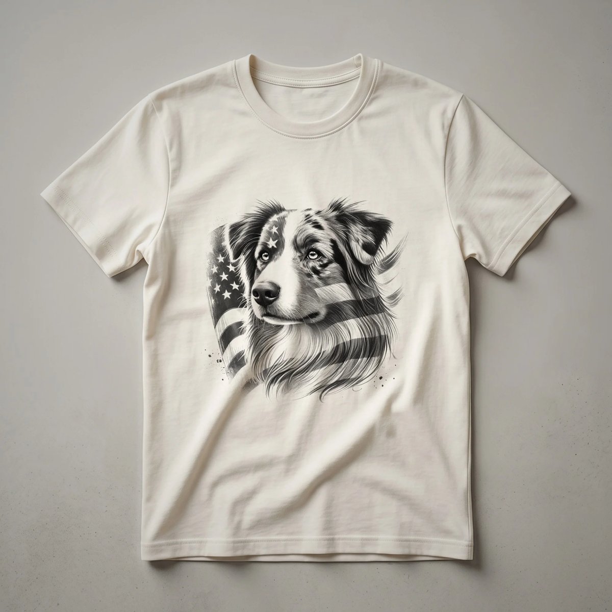 White t-shirt with a graphic of an Australian Shepherd wearing sunglasses and an American flag design.