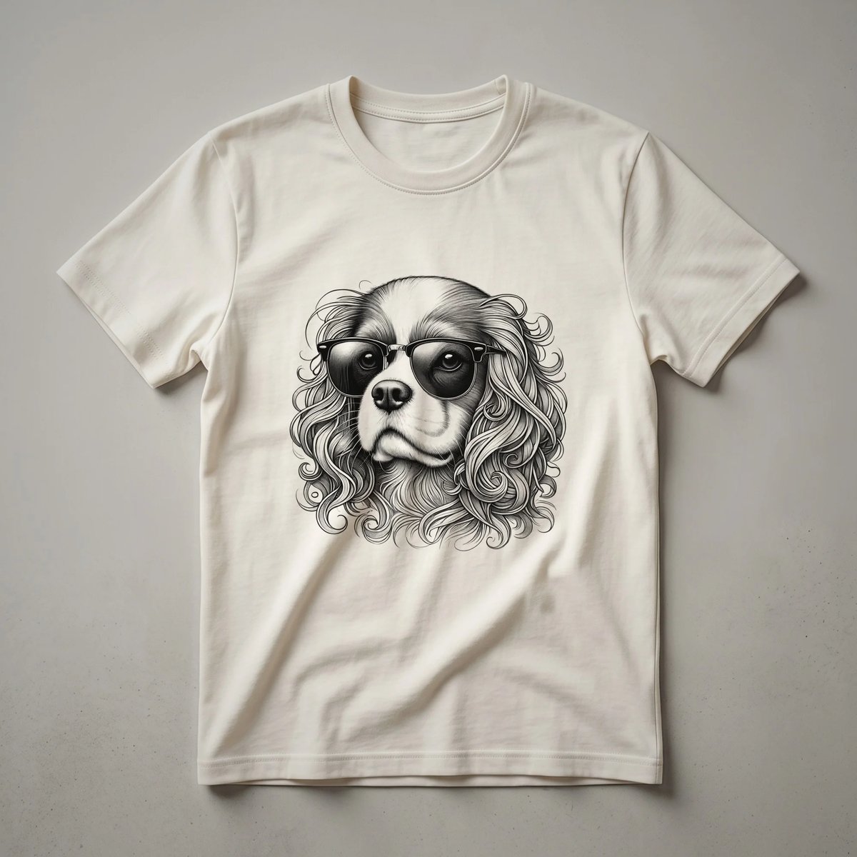 A graphic t-shirt featuring a Cavalier King Charles Spaniel dog wearing dark sunglasses, with the word "Dad" printed below.