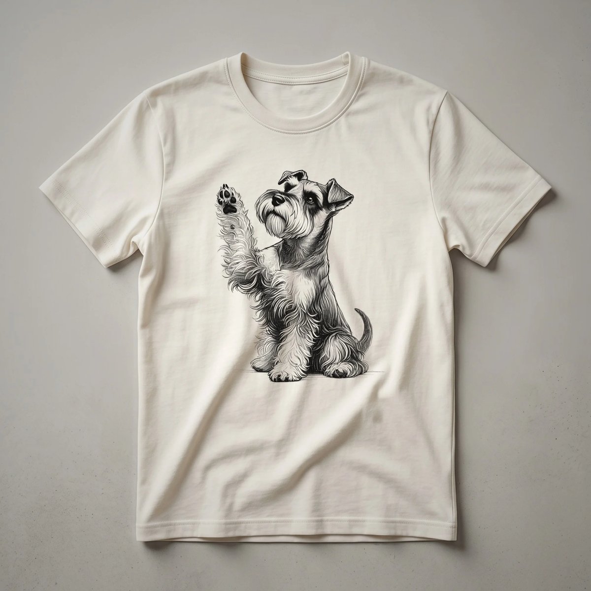 Black graphic t-shirt featuring a stylized illustration of a Miniature Schnauzer dog with its front paw raised, set against a plain background.