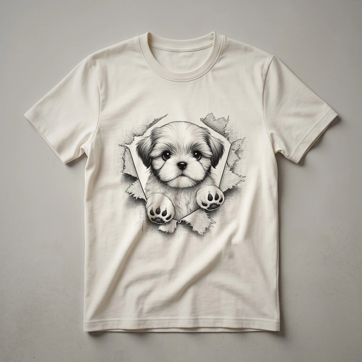 White t-shirt with a black graphic of a Shih Tzu dog peeking from the bottom edge.