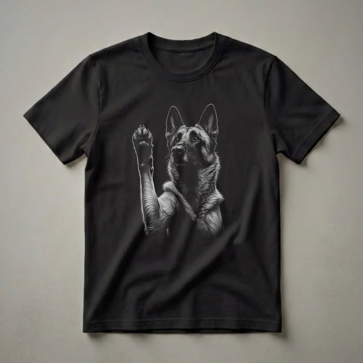 Black t-shirt featuring a scratchboard illustration of a Belgian Malinois dog with its paw raised, against a black background.