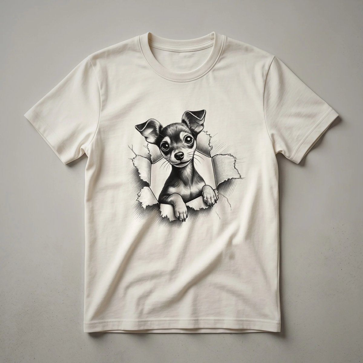White t-shirt featuring a graphic of a black and tan Miniature Pinscher dog peeking from the bottom edge, with alert ears and curious eyes.