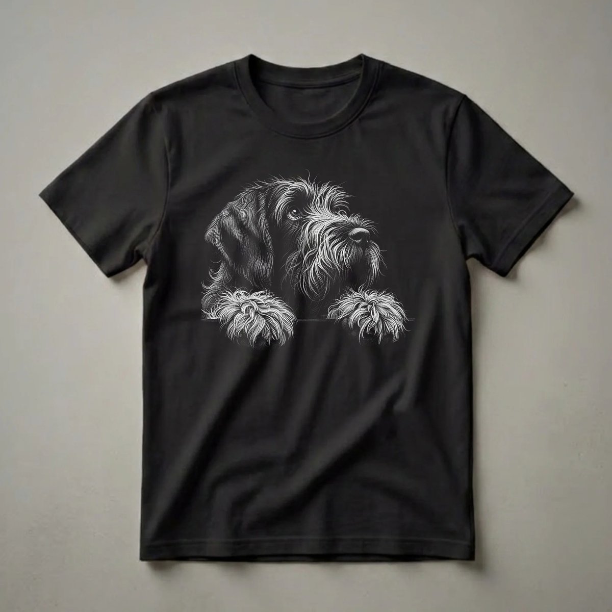 Black and white sketch of a Wirehaired Pointing Griffon dog with textured fur and expressive eyes, peeking over a surface, on a black t-shirt.