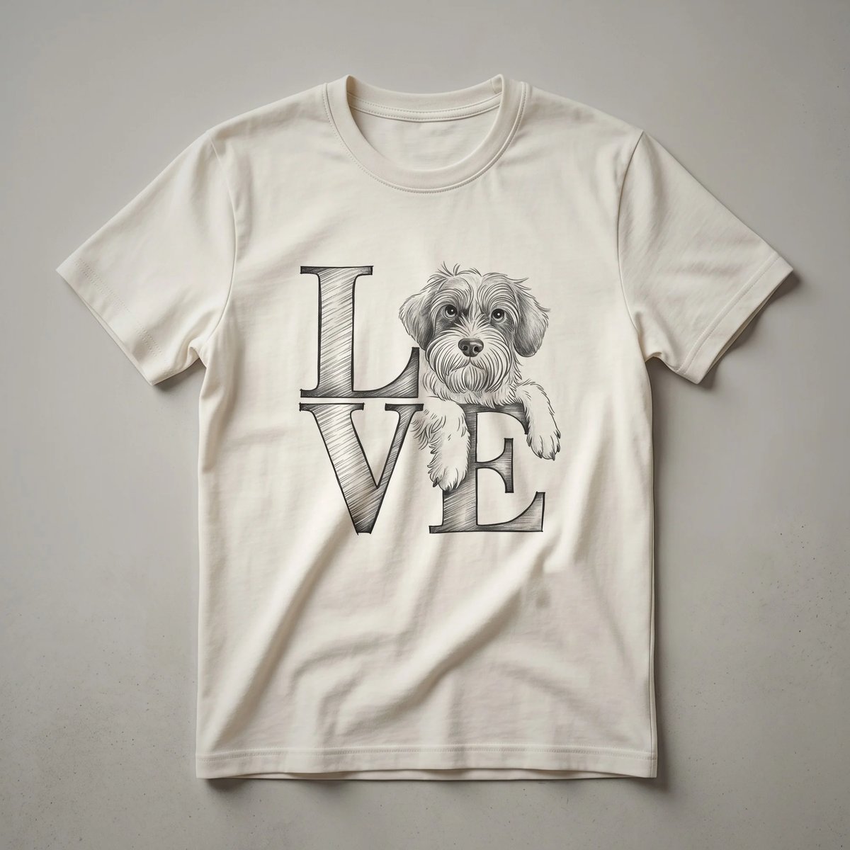 White graphic t-shirt featuring the head of a Wirehaired Pointing Griffon dog with a heart symbol.