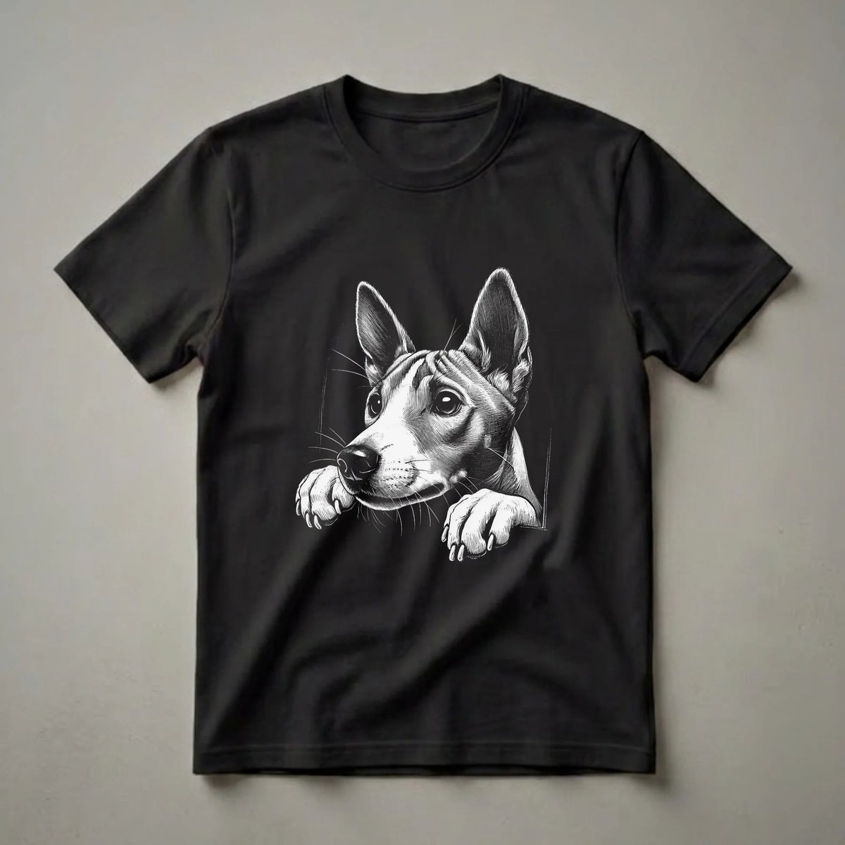 Black and white scratchboard art of a Basenji dog peeking over an edge, showing its head, ears, eyes, nose, and paws.