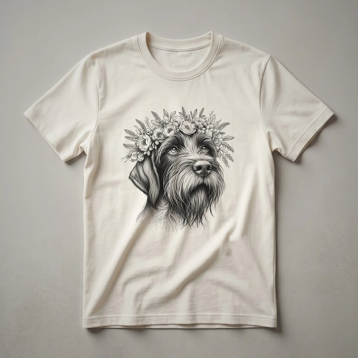 White t-shirt with a floral design featuring a Wirehaired Pointing Griffon dog surrounded by colorful flowers.