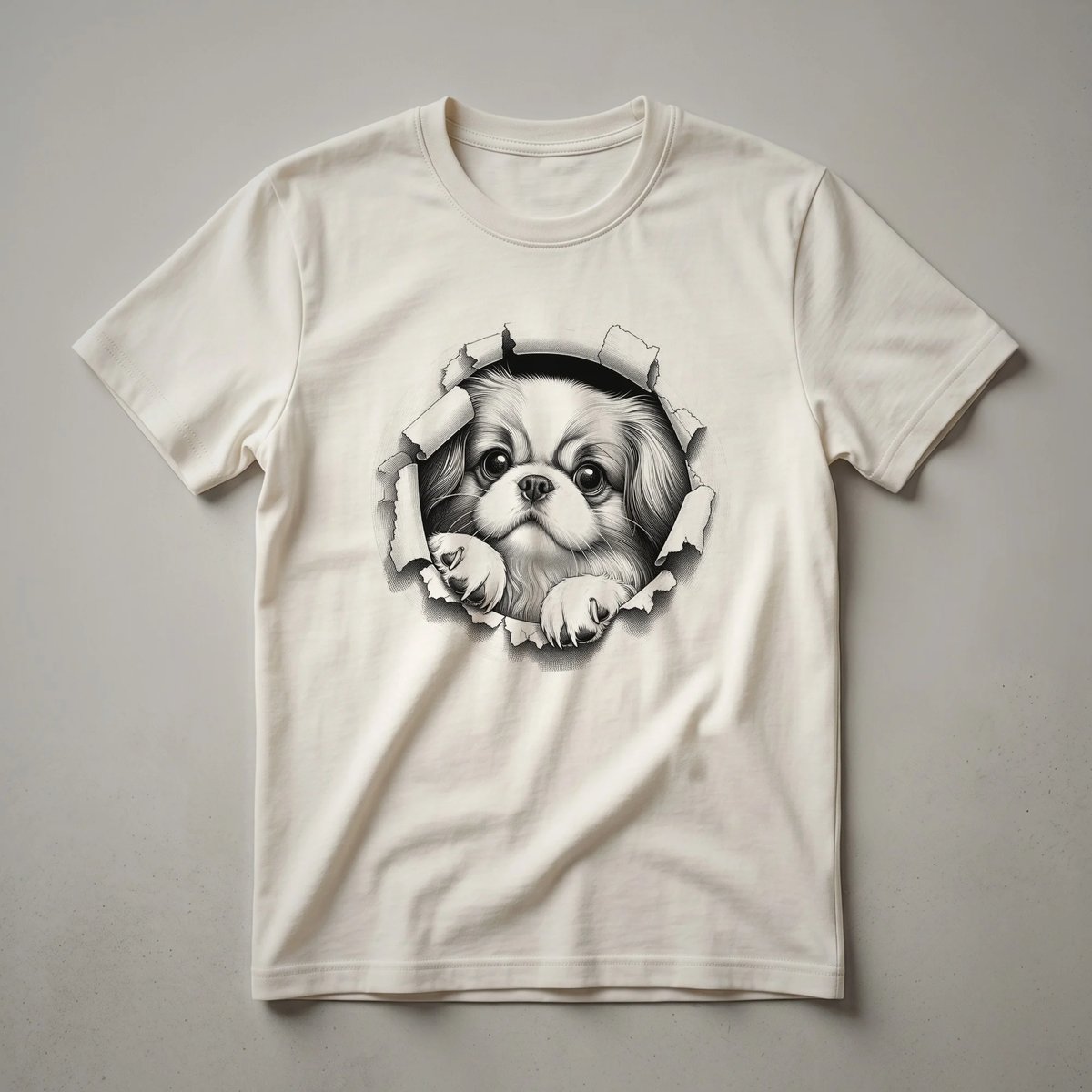 White t-shirt with a cartoon illustration of a Japanese Chin dog peeking from the bottom edge, showing its face and ears.