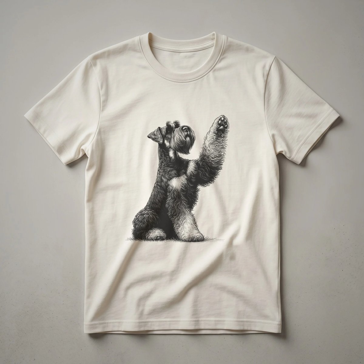 White graphic t-shirt featuring a black dog paw print with the words 'Giant Schnauzer' above it in black text.