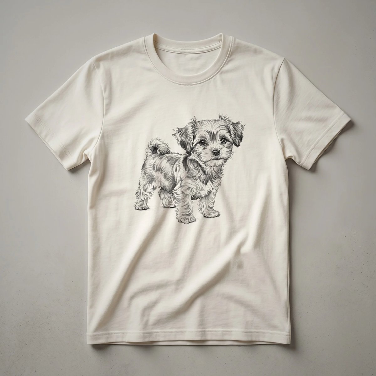 A black sketch art graphic of a Morkie dog with detailed linework, presented on a white t-shirt.