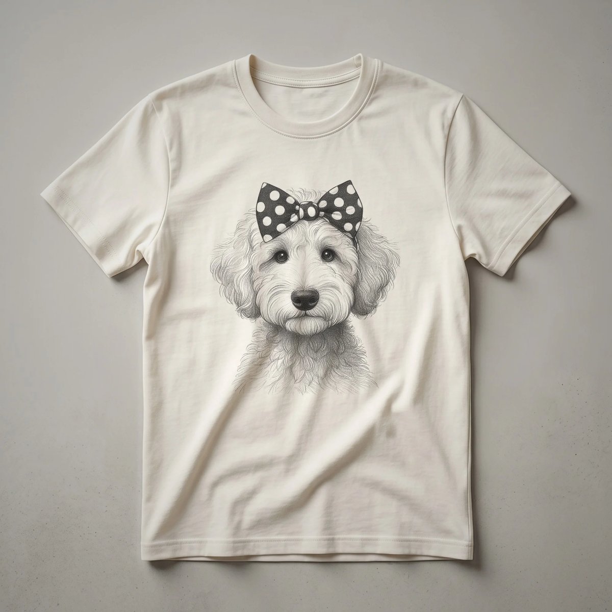 White and black graphic of a Whoodle dog's face with the words 'Whoodle Mom' on a black t-shirt.