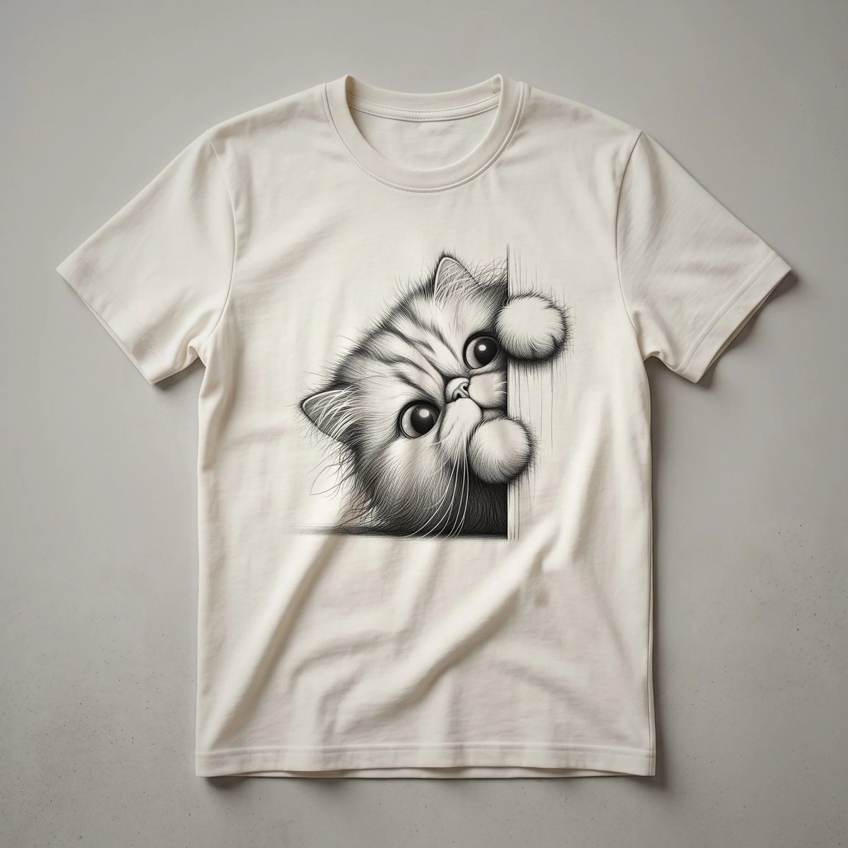 A white t-shirt with a graphic design of a Siamese cat peeking over the bottom edge, showing its face and front paws.