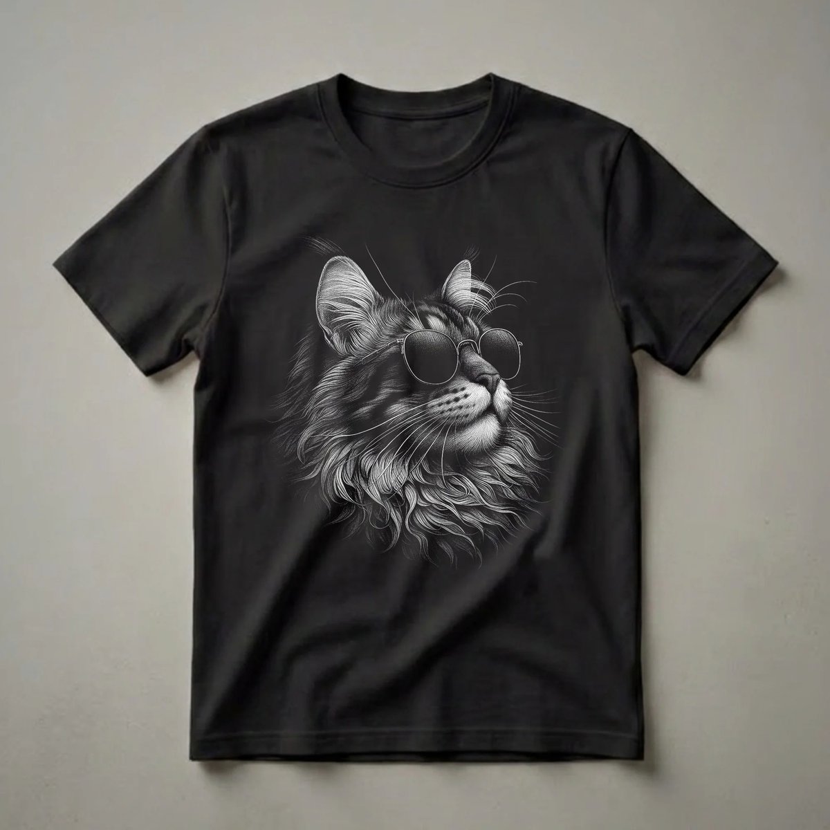 Black and white sketch of a fluffy Maine Coon cat wearing round, dark sunglasses, set against a black background.
