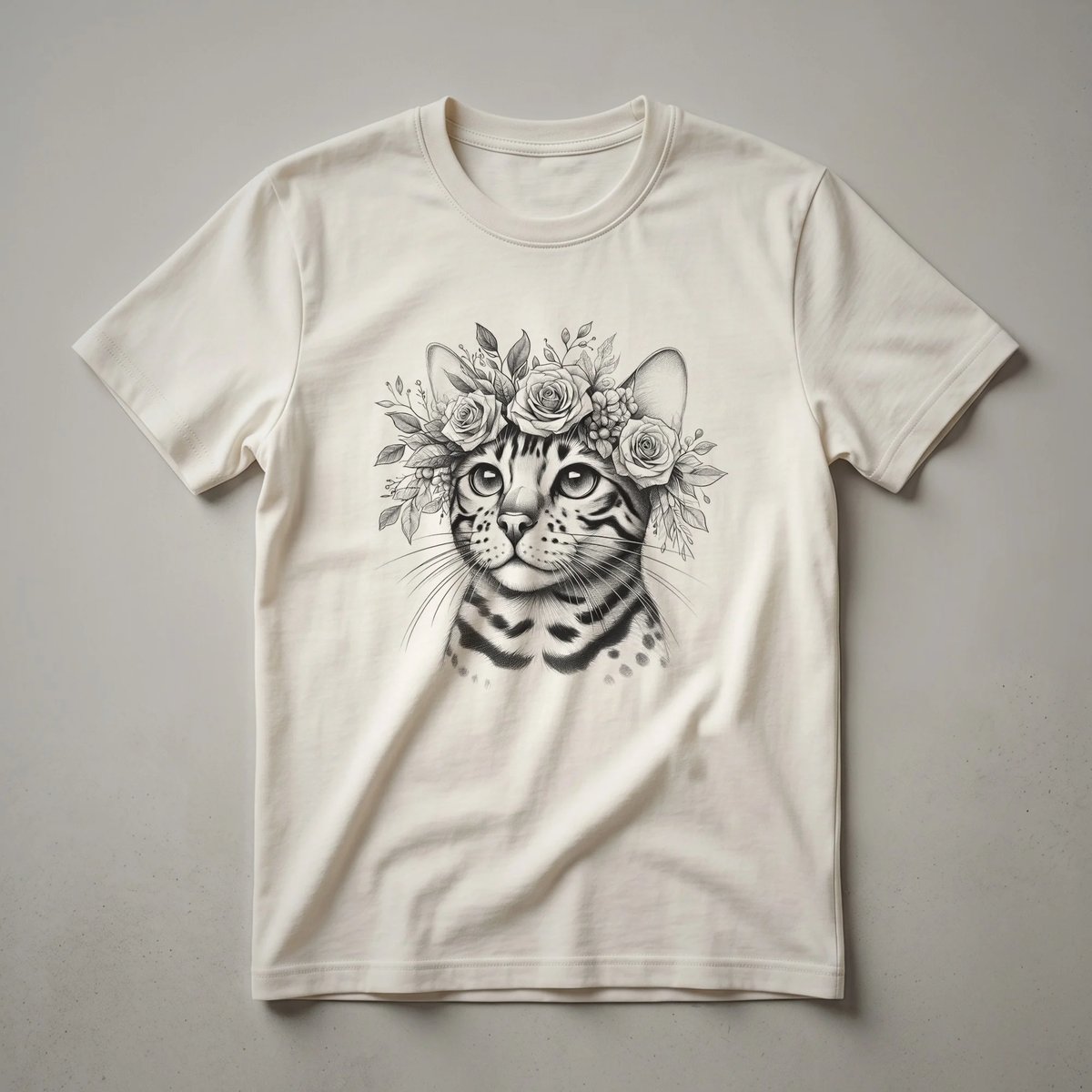 White t-shirt with a graphic design of a Bengal cat's face adorned with colorful flowers, suitable for cat lovers.