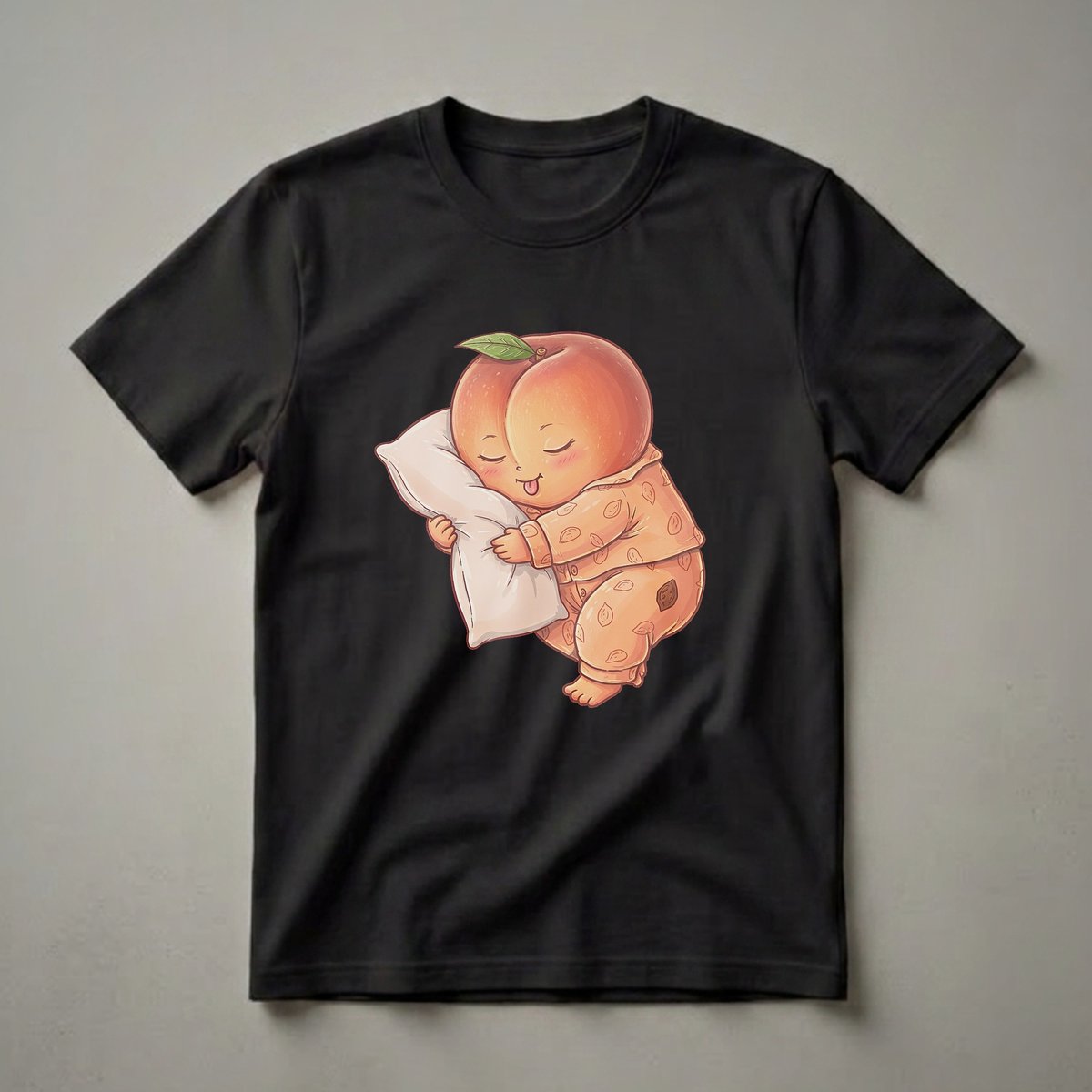Orange graphic t-shirt featuring a cute cartoon peach character wearing pajamas and sleeping soundly while hugging a white pillow, with its tongue sticking out.