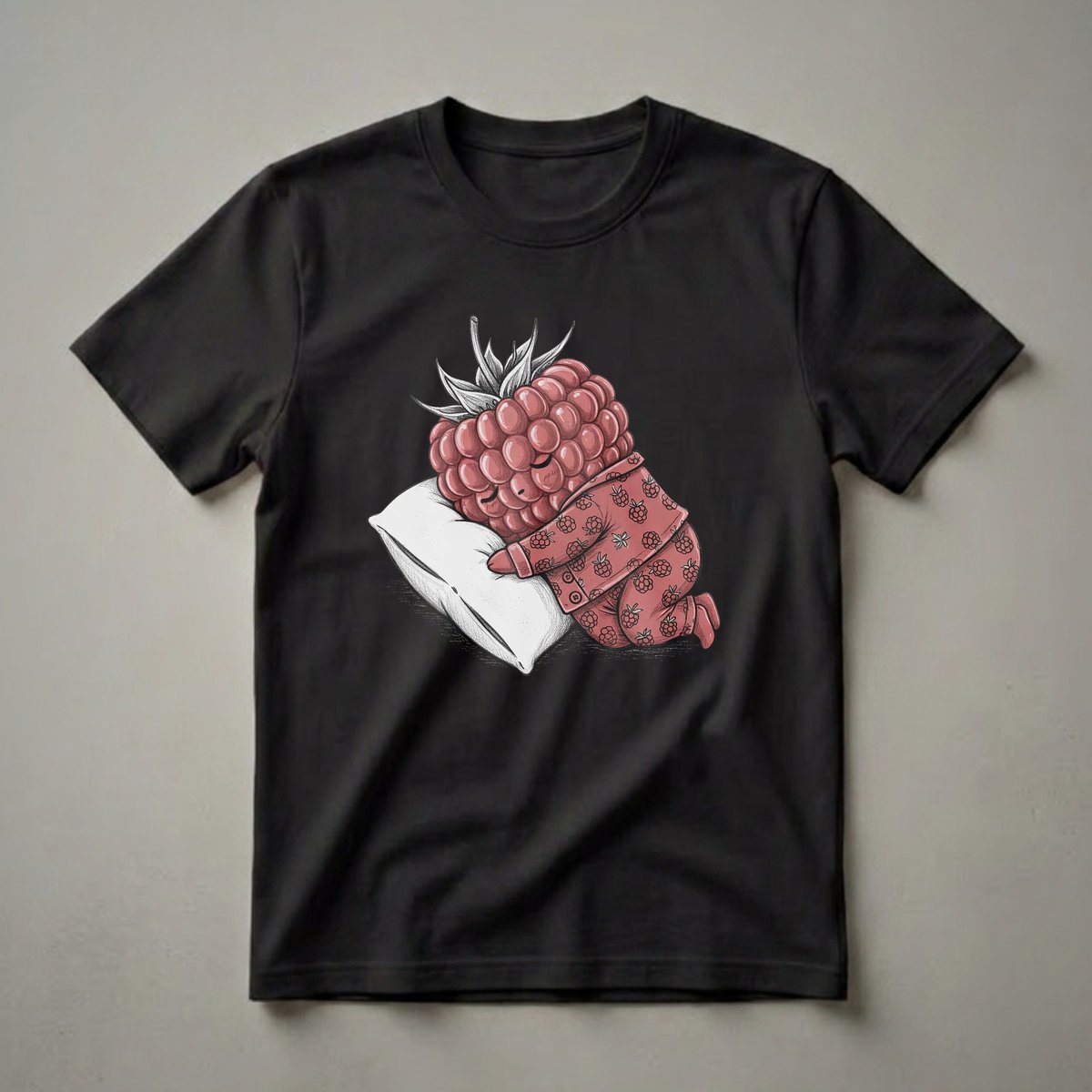 A sleepy raspberry character wearing red pajamas patterned with smaller raspberries, resting on a white pillow. The graphic is sketched with a red and black color scheme.