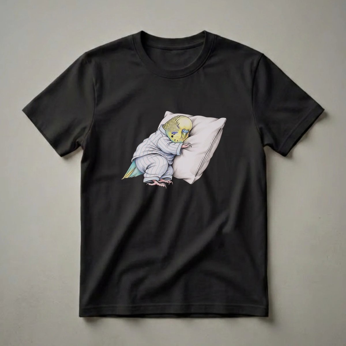 A yellow and blue budgerigar parakeet wearing blue and white striped pajamas is depicted sleeping soundly on a white pillow, rendered in a detailed drawing art style.