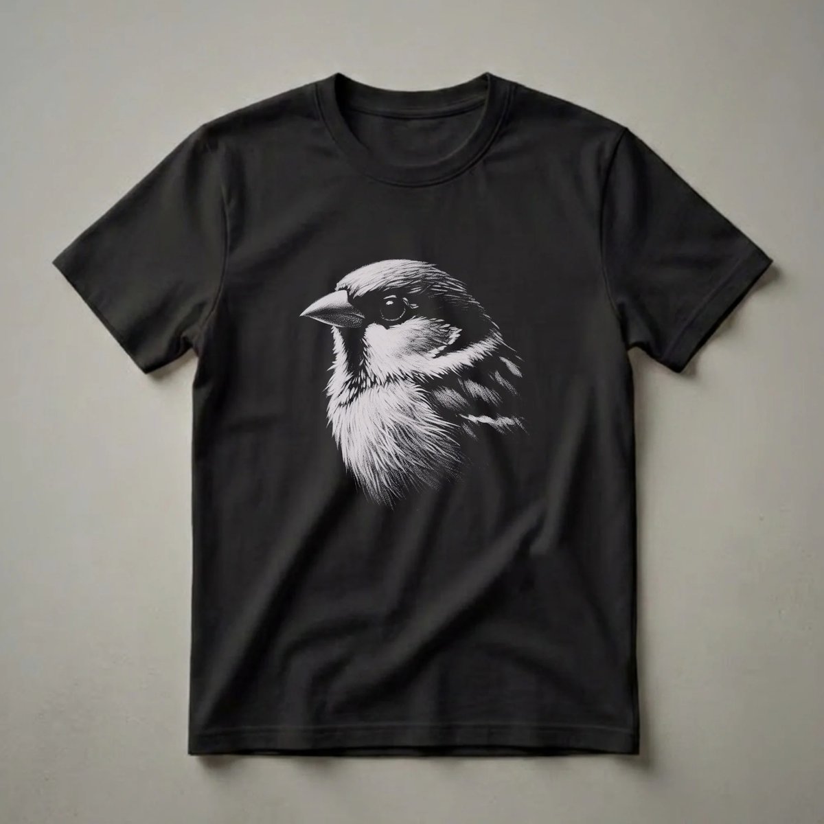 Black t-shirt with a detailed white and grey stippling drawing of a sparrow's head, facing left, against a black background.