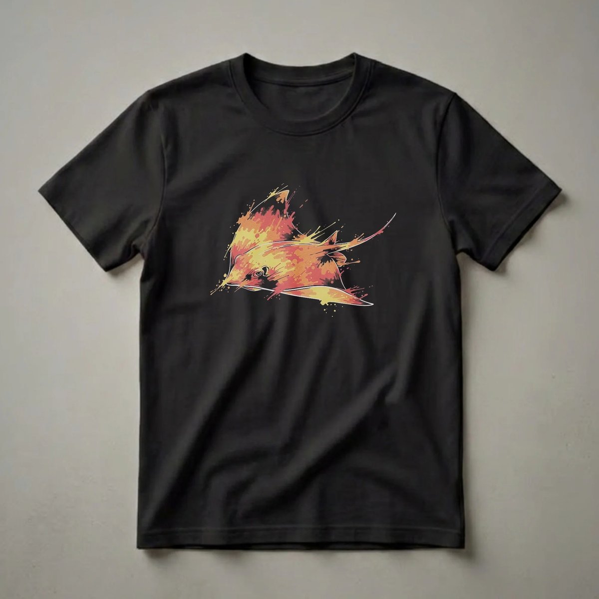 Black t-shirt with a stingray graphic in a splash art style, featuring vibrant orange, yellow, and red colors with paint splatters.