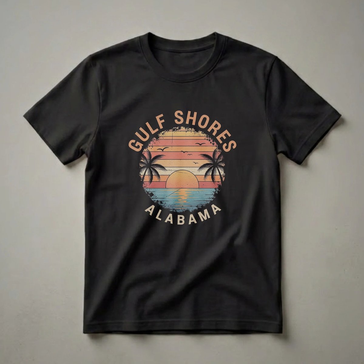 Black t-shirt with a retro graphic of a sunset over the ocean, featuring palm trees, seagulls, and the text 'GULF SHORES ALABAMA'.