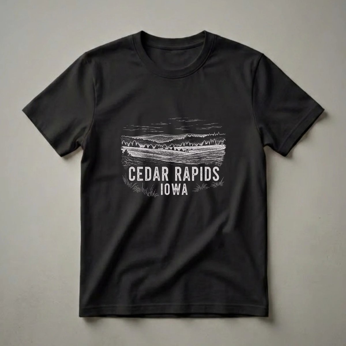 Black t-shirt featuring a vintage line drawing of rolling hills, trees, and sky, with distressed text reading 'CEDAR RAPIDS IOWA' below.