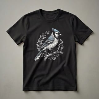 Blue Jay Perched on Branch Linocut Graphic T-Shirt for Bird Lovers
