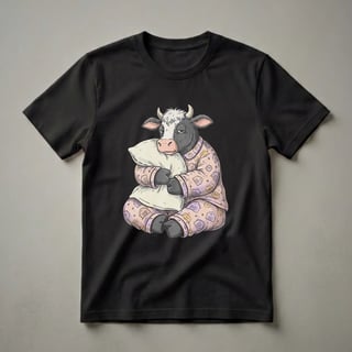 Funny Sleepy Cow Hugging Pillow Graphic Pajama T-Shirt