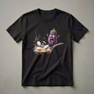 Funny Frying Eggplant Cartoon Graphic T-Shirt for Vegans