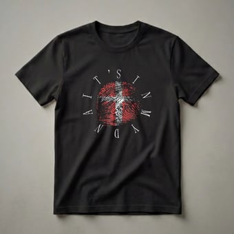 Black t-shirt with a fingerprint graphic filled with the Danish flag, surrounded by white text that reads 'IT'S IN MY DNA DENMARK'.