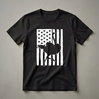 Black graphic t-shirt featuring a silhouette of an ostrich running in front of a distressed American flag with white stars and stripes.