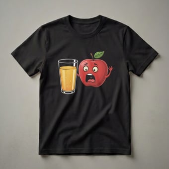 Black t-shirt featuring a cartoon red apple with a shocked expression next to a glass of bubbly apple juice.