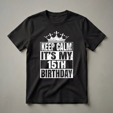 Black t-shirt with distressed white text that reads 'KEEP CALM IT'S MY 15TH BIRTHDAY' and a distressed crown graphic above.