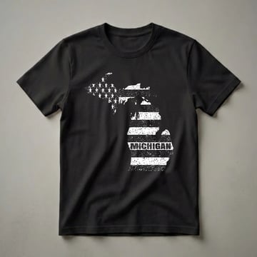 Black t-shirt featuring the outline of Michigan filled with a distressed American flag design, including stars and stripes, with the word MICHIGAN printed across the stripes.
