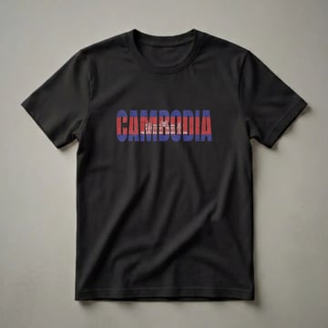 Black t-shirt with the word CAMBODIA in large, distressed letters filled with the Cambodian flag pattern, featuring Angkor Wat.
