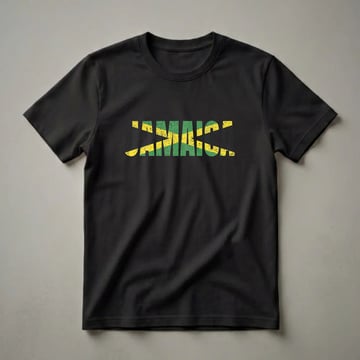 Black t-shirt with the word JAMAICA in distressed letters filled with the Jamaican flag colors of green, yellow, and black.