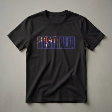 Black distressed graphic t-shirt featuring the word AUSTRALIA overlaid on the Australian flag, showcasing the blue background, Union Jack, and white stars.