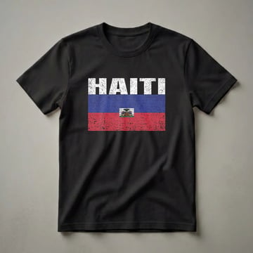 White distressed letters spelling HAITI above a distressed Haitian national flag with blue and red stripes and the coat of arms in the center.