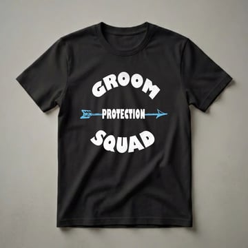 Black t-shirt with distressed white text reading 'GROOM PROTECTION SQUAD' and a blue arrow graphic.